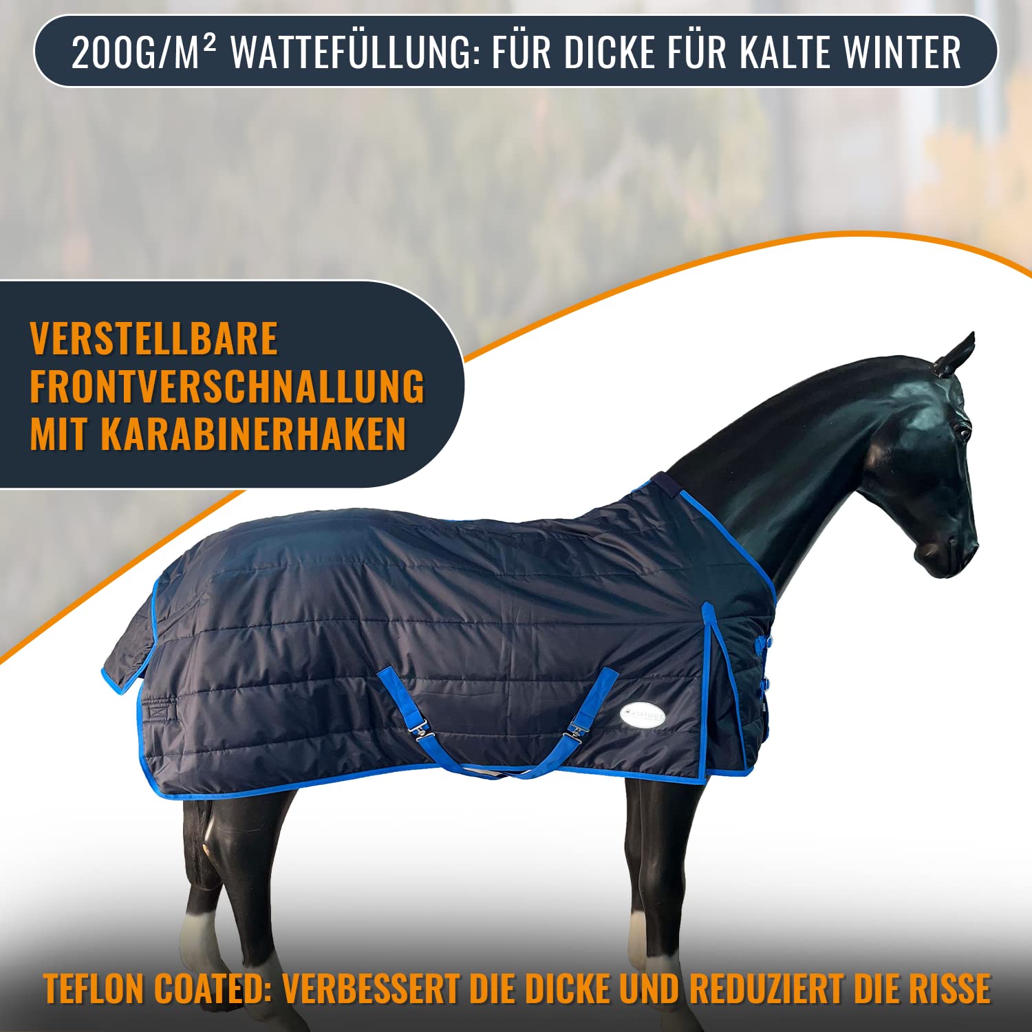 Equitack 1200D Winterdecke Pferd, 135cm | Regular Regendecke Pferd mit Fleece Lining | wasserdichte Outdoordecke Pferd | Füllung Navy