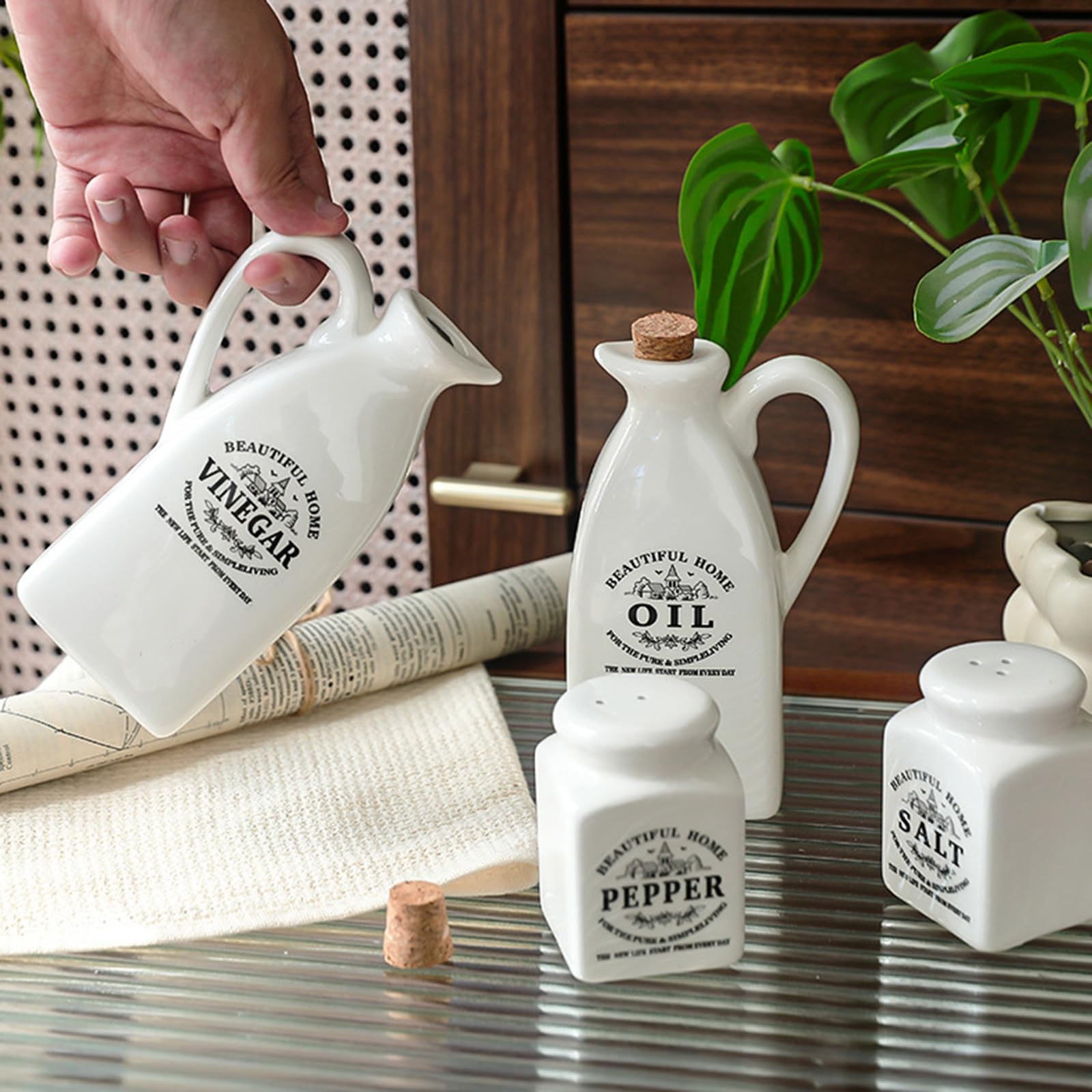 Set di 4 dispenser in ceramica con bottiglia per olio, aceto, sale, pepe, pratica cottura a casa, bottiglie di olio e aceto