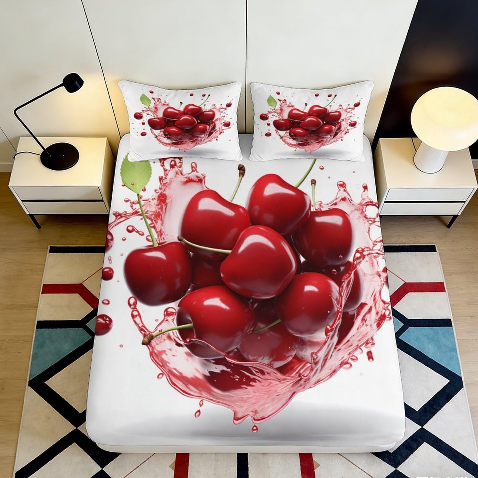 3D Printed Cherry Splash Fitted Sheet Microfiber Vibrant Red Fruit Bed Cover for Bedroom Dorm Mattress Protection Decor 90x200x25cm