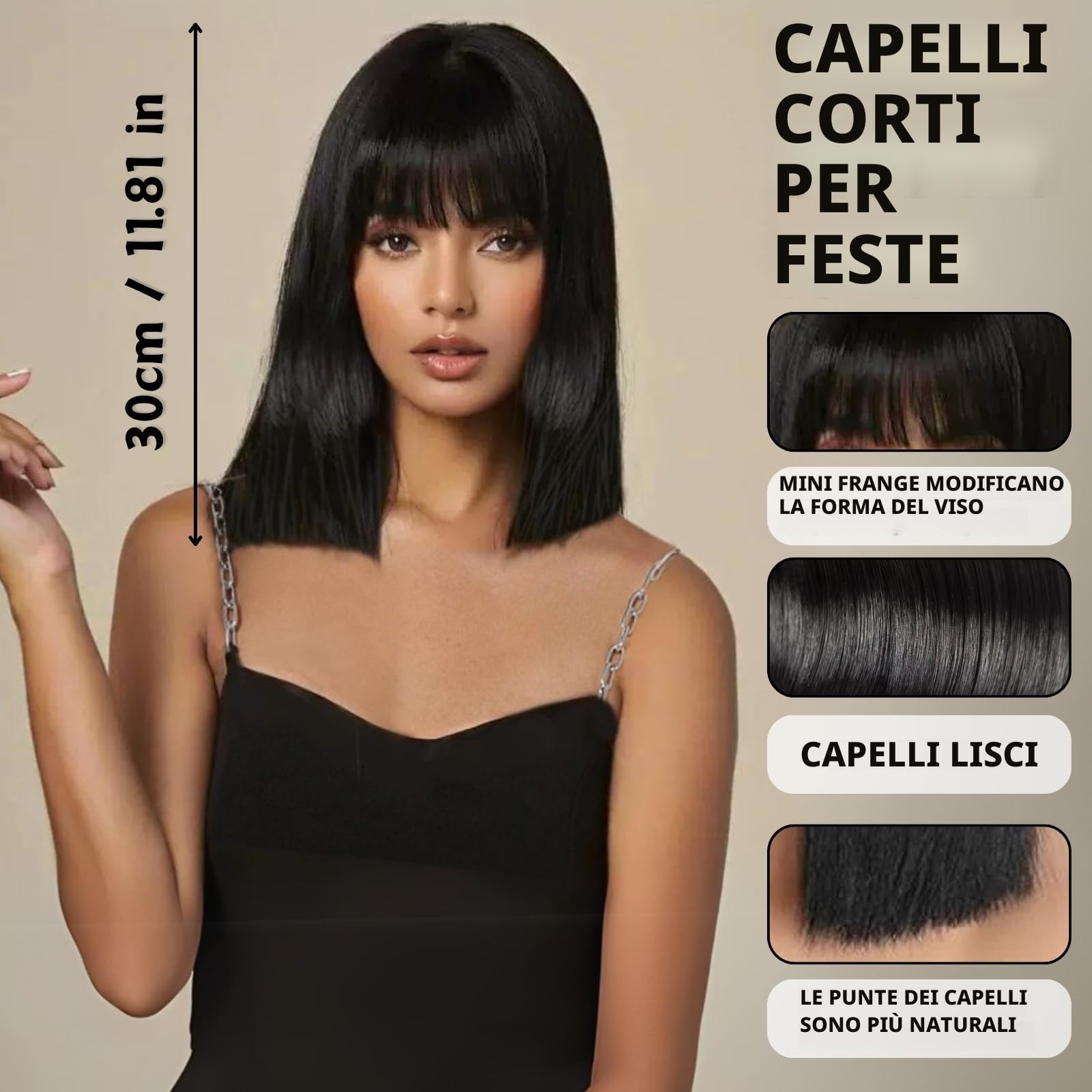 KEYRI Parrucche Donna 12 Breve Bob con Frangetta Liscio Sintetico Fibre Nero Parrucca Shoulder Lunghe Capelli per Ragazza Costume Carnevale Cosplay Festa