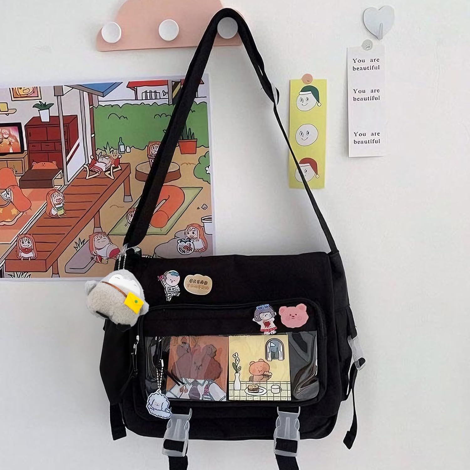 Kawaii Crossbody Ita Bag for Women with Pin and Plush Penguin, Cute Messenger Bag Japanese Crossbody Bag Y2K Purse