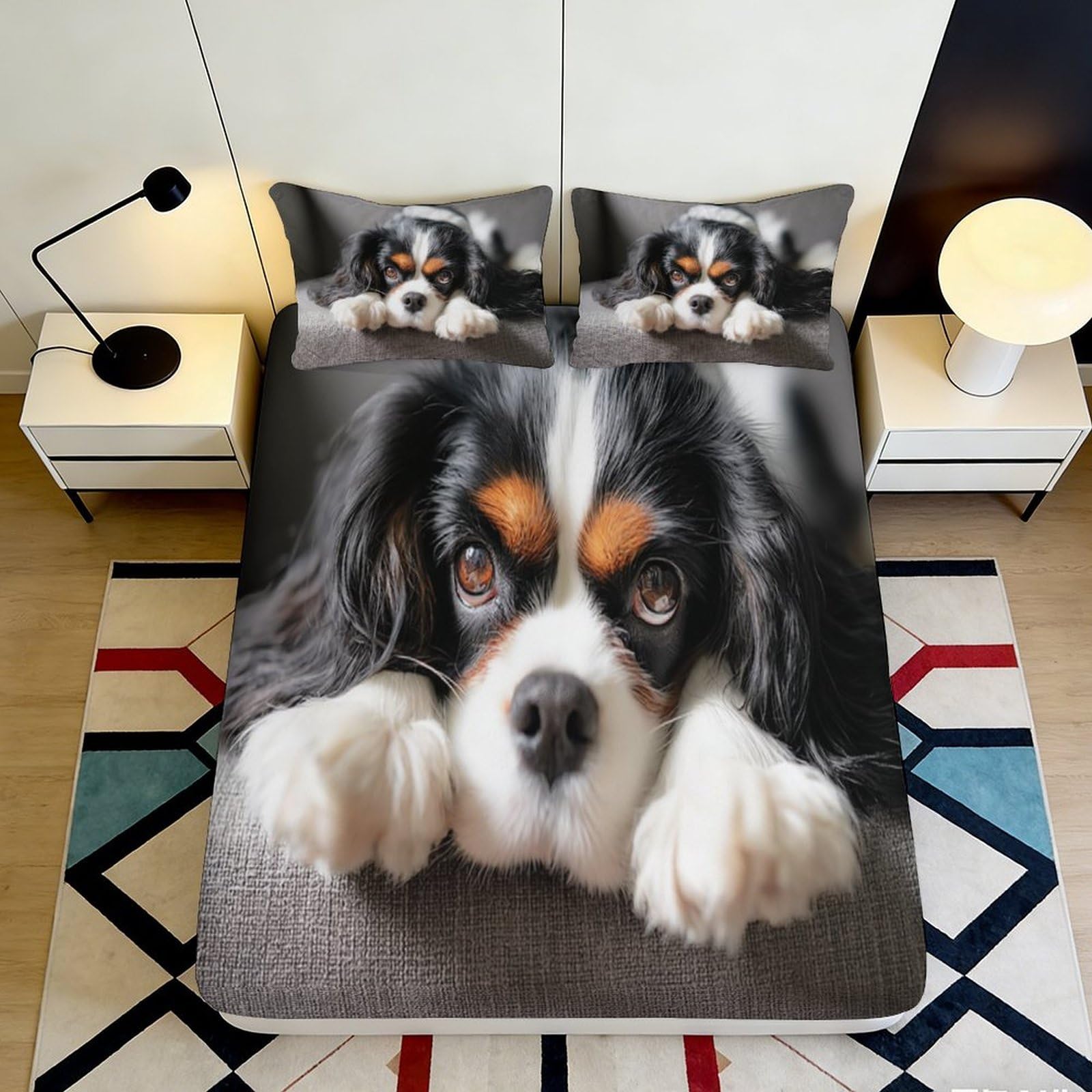 3D Printed Cavalier King Charles Spaniel Fitted Sheet Microfiber Soft Black White Dog Bed Cover for Bedroom Guestroom Decor 90x200x25cm