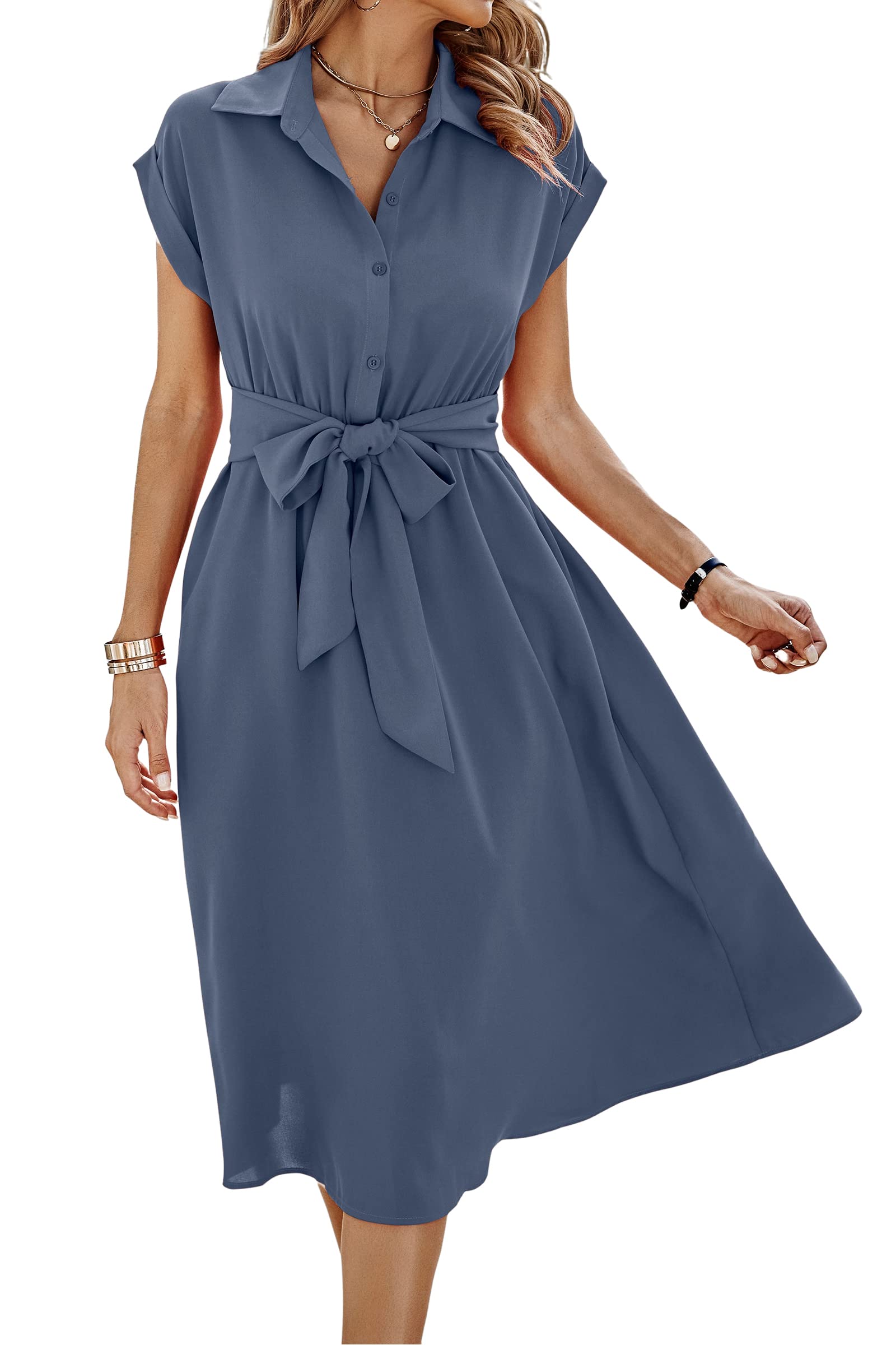 ASOMI Sommerkleid Damen Hemdkleid Kurzarm: Elegant Kurzarm Strandkleid Büro Wickelkleid Mode Tasche Hemdblusenkleid Lässig Blusenkleid Midikleid Knopf Plisseekleid V-Ausschnitt Gürtel A-Graublau M