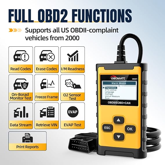 Check Engine Code Reader OBDII Diagnostic Tool with Wireless Printing | Graphic Live Data| EVAP Test | DTC Lookup, Yellow