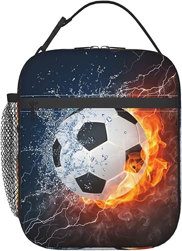 Bolsa de almuerzo con balón de fútbol en fuego, lonchera aislada, reutilizable, impermeable, portátil, para hombres y mujeres