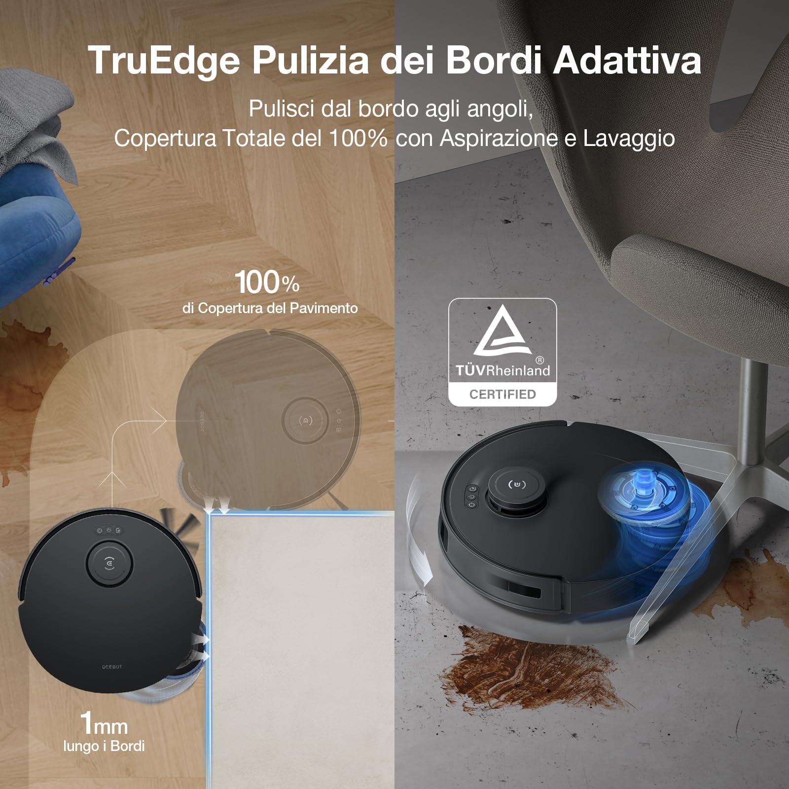 ECOVACS T30S PRO Robot Aspirapolvere Lavapavimenti, 11000Pa, Tecnologia Antigroviglio, TruEdge™ Adaptive Edge Mopping, Lavaggio con Acqua Calda, Svuotamento Automatico, Evitamento Ostacoli con AI