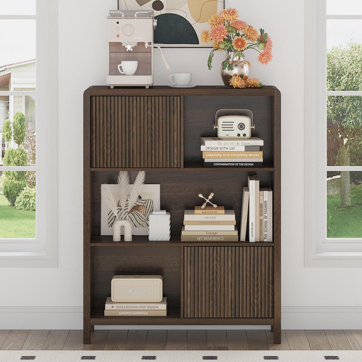 FATORRI Cube Bookshelf with 2 Doors, 4 Tier Wooden Bookcase, 5 Cube Storage Organizer for Home Office (Dark Walnut) - Image 8