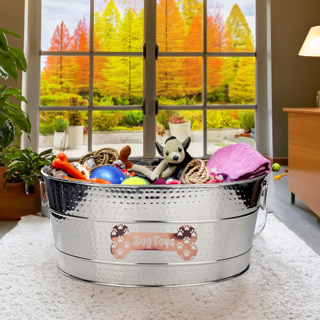 Stainless Steel Indestructible Dog Toy Bin - Pet Storage Bin with Handles, Large Organizer Storage Basket for Pet Toys, Blankets, Leashes - Pawprint Design Home Decor (Silver - 25 Quart)