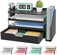 Kitsure 4-Tier Desk Organizer with Drawer & Pen Holder - Tool-Free Assembly, Non-Slip Pads, Portable Office Storage, Black 13.3x8x10.8"