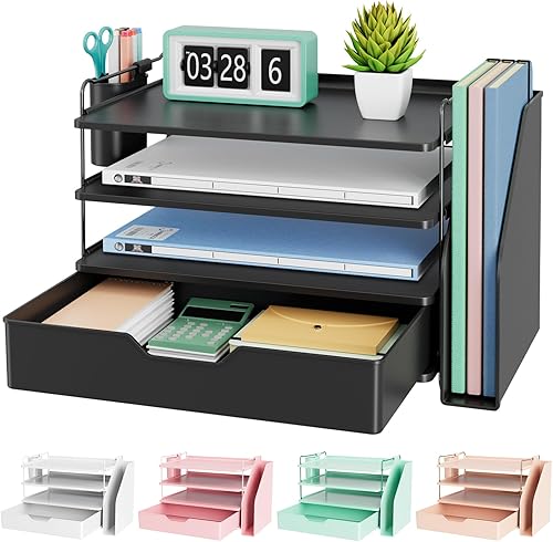 Kitsure Desk Organizer - 4-Tier Office Desk Accessories with Drawer ＆ Pen Holder, Tool-Free Assembly Organizer with Non-Slip Pads, for Office Supplies Storage, Plastic, 13.3" x 8.0" x 10.8", Black