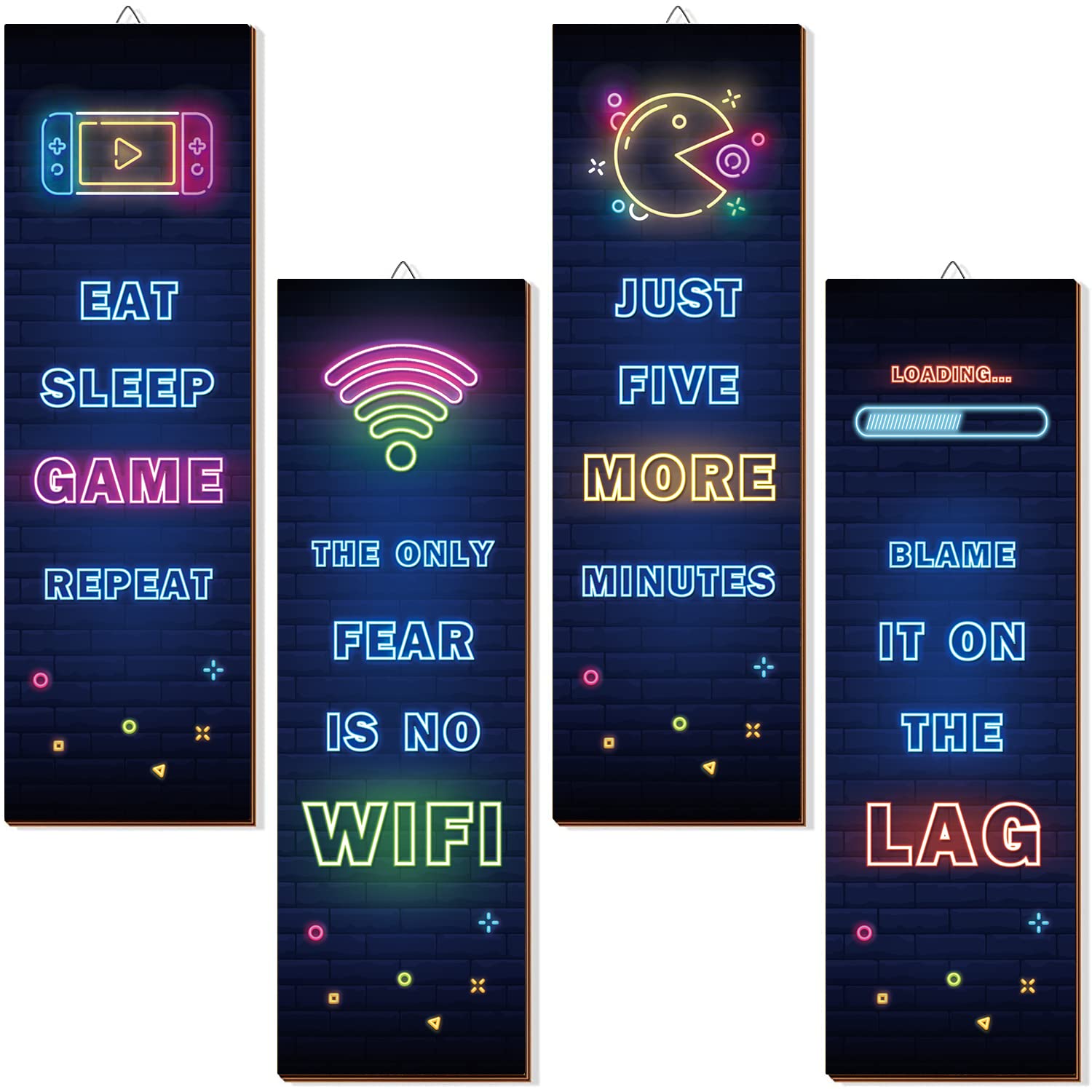 HLNIUC 4 Pcs Wooden Video Game Wall Art,Gamer Hanging Plaques Wall Decor,Game Sign Eat Sleep Game Repeat Gift for Boys,Kids, Bedroom,Gamer,Teens,Playroom,Game Room,3.5x12 Inches (A)