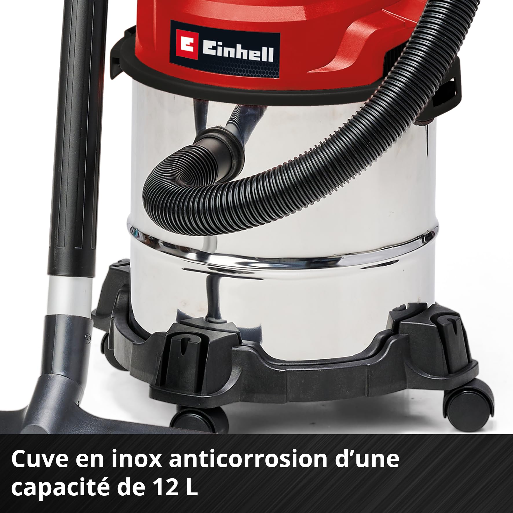 Einhell Aspirateur eaux et poussières TC-VC 1812/1 S (1 250 W, 180 mbar, 4 roulettes, cuve de 12 l, avec suceur Plat et Brosse combinée, Filtre en Mousse, Sac collecteur de poussière et Sac filtrant)