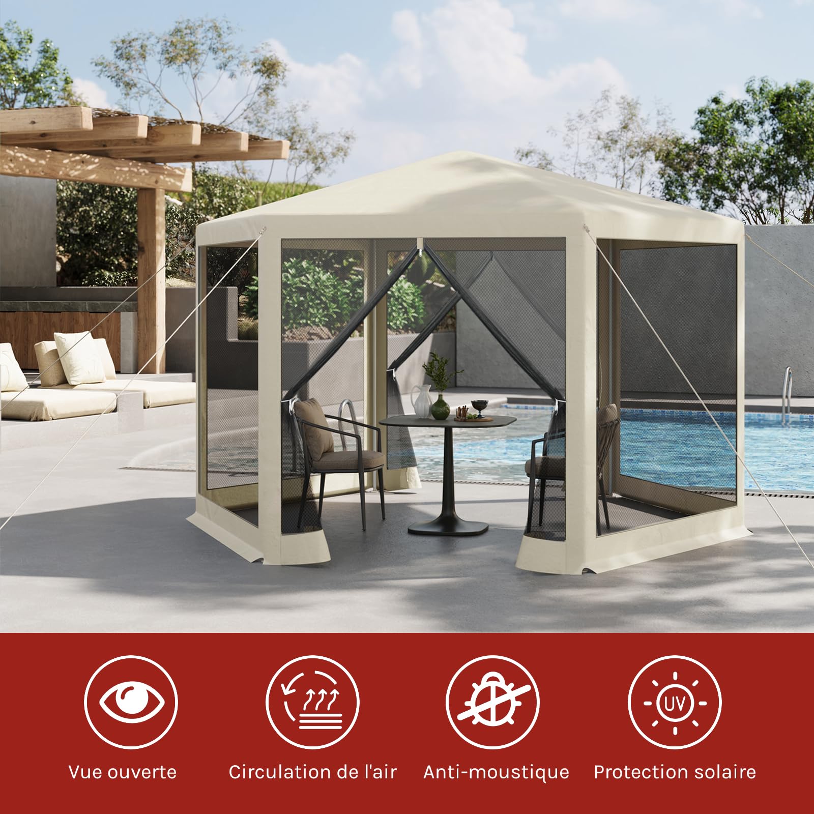 WOLTU Tonnelle de Jardin Extérieur, avec Moustiquaire, Pergola Jardin Extérieur, Tente de Réception, avec Parois Latérales en Maille, Barnum 3,8 x 3,3 m, Hexagone (Beige)