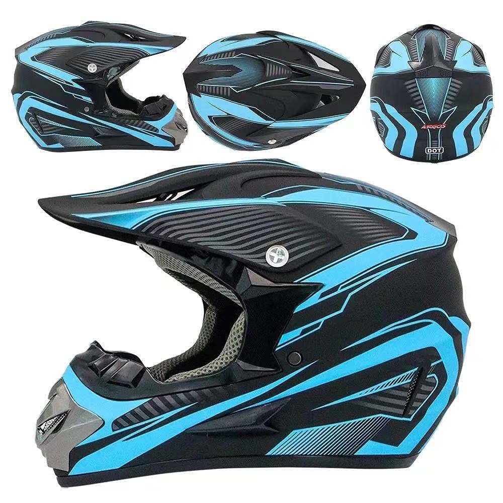 Jeunesse Enfant Casque de Motocross, Unisexe Intégral Hors Route Rue Courses VTT Casque de Moto, Downhill Enduro VTT BMX Dirt Bike Accident Casque, avec Lunettes Gants Masque