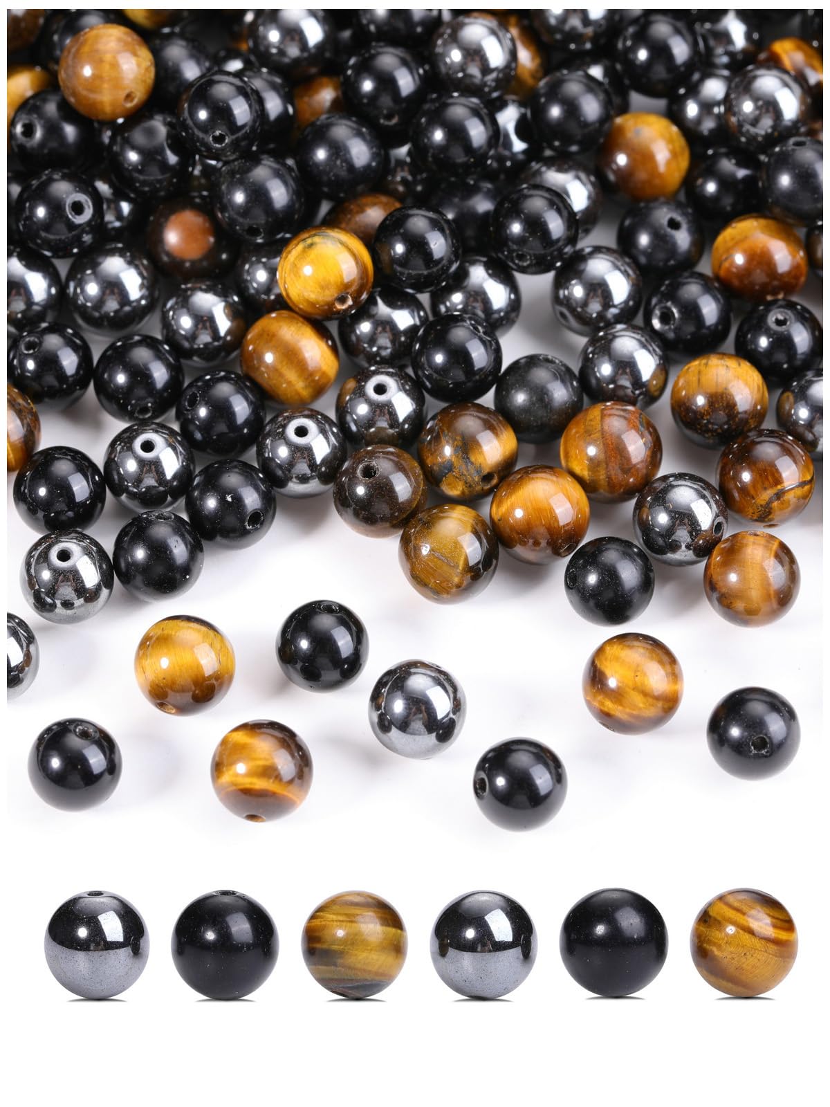 CrystalTears 8mm Healing Crystal Stone Beads for Jewellery Making 100pcs Tiger Eye Obsidian Hematite Round Loose Gemstone Beaded for Bracelet Making DIY Necklace Earrings Crafting Gifts for Men Women