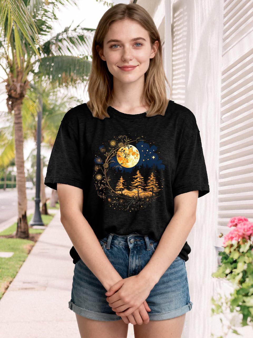 Women Mystical Sun and Moon Shirts Vintage Wildflower T Shirt Hipped Graphic Tees Short Sleeve Vacation Tops - Image 3