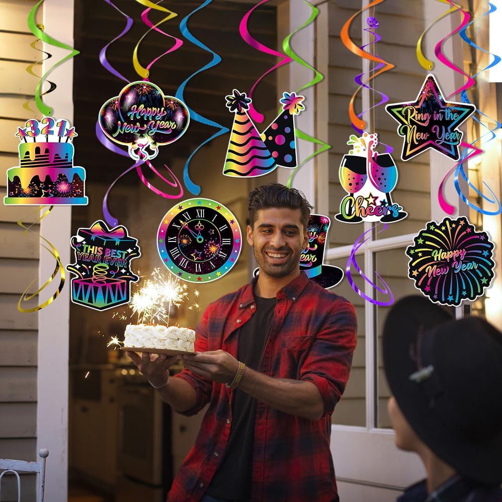 2026 Happy New Year Decor - Neon Themed Happy New Year Banner Hanging Swirls Decorations Glow 2026 New Years Eve Party Supplies image 5