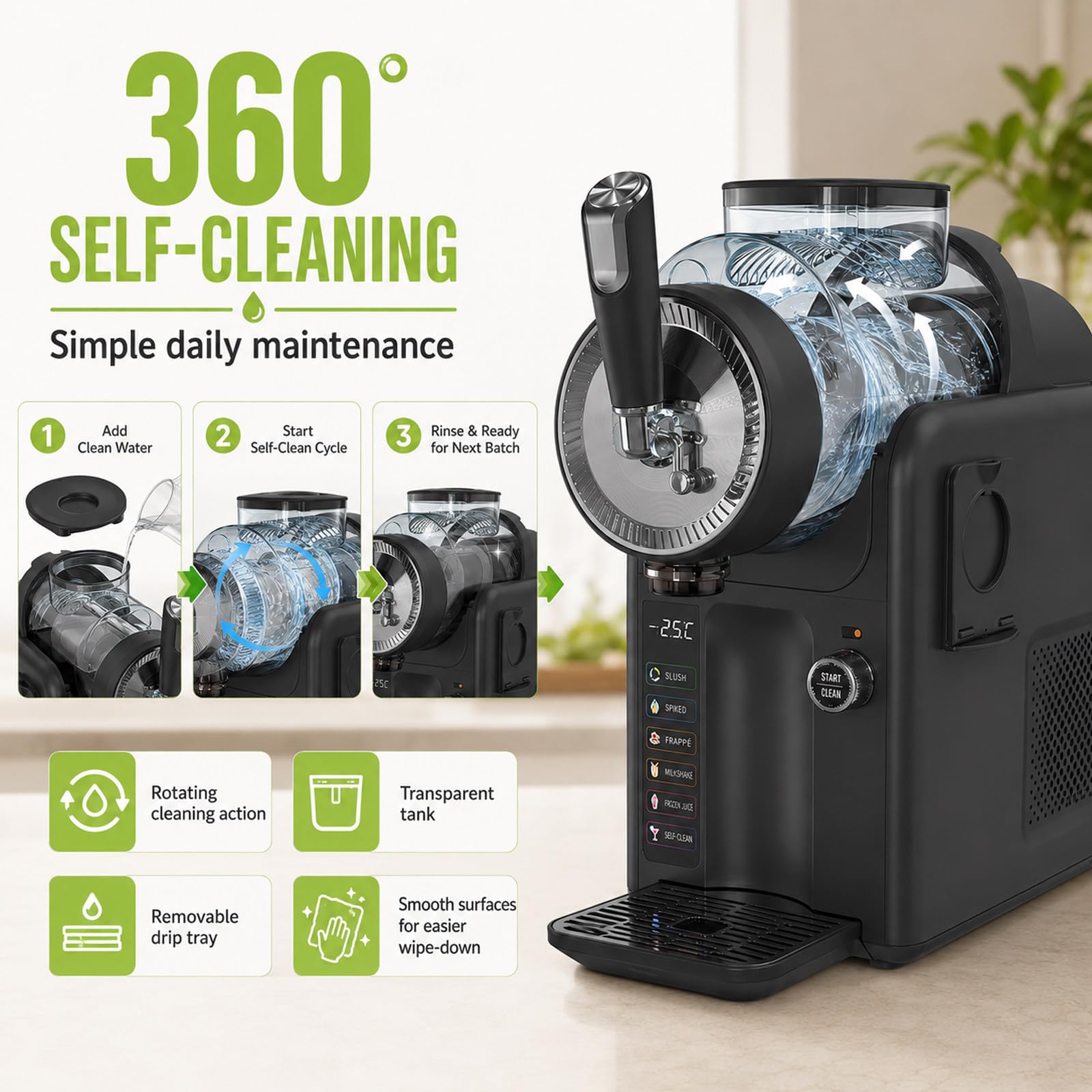 Máquina de Granizados Sin Hielo, 2L - Frozen Drink Maker 185W, 5 Modos, Pantalla LED, Limpieza Auto, Casa Fiesta Black