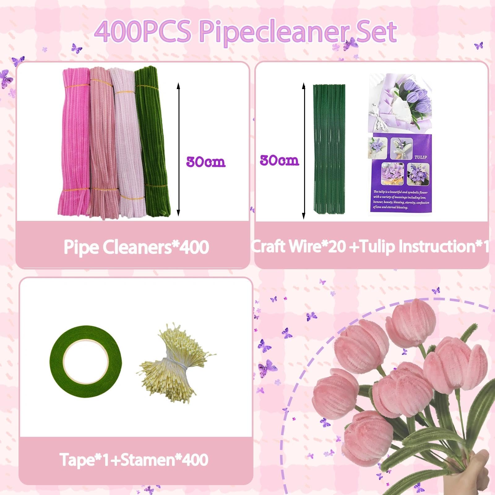 400 szt. Drut szenilowy Wypoczynek Kreatywny Pręt Gąsienicowy-różowy | Kwiaty Cure Rura Gąsienice DIY Cleaners Flower Cukierka do rur dla Diy Craft