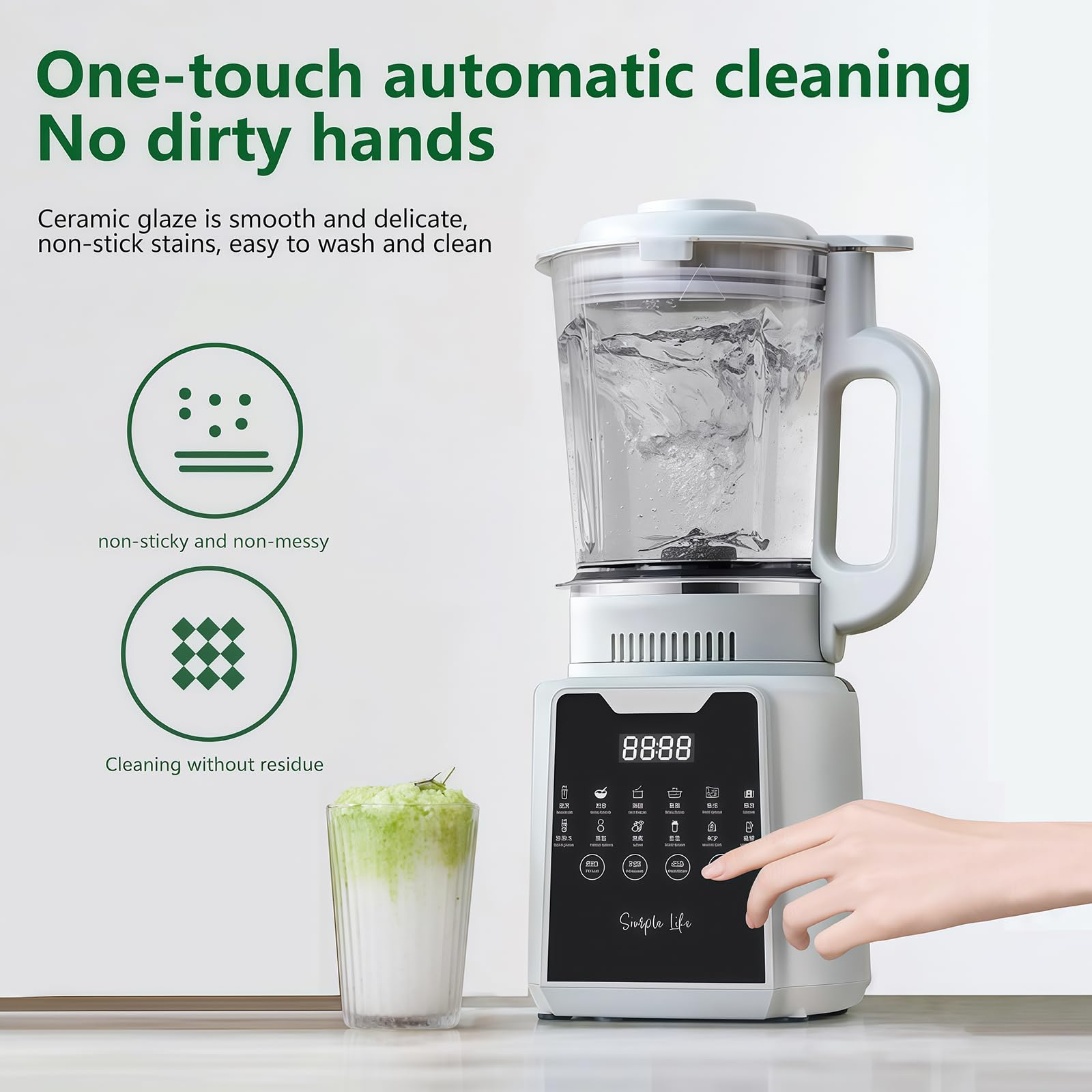 Blender na blat z dzbankiem ze szkła borokrzemowego, automatyczne czyszczenie, cyfrowe sterowanie dotykowe, tryb gorący/zimny, kruszarka do lodu i robot kuchenny