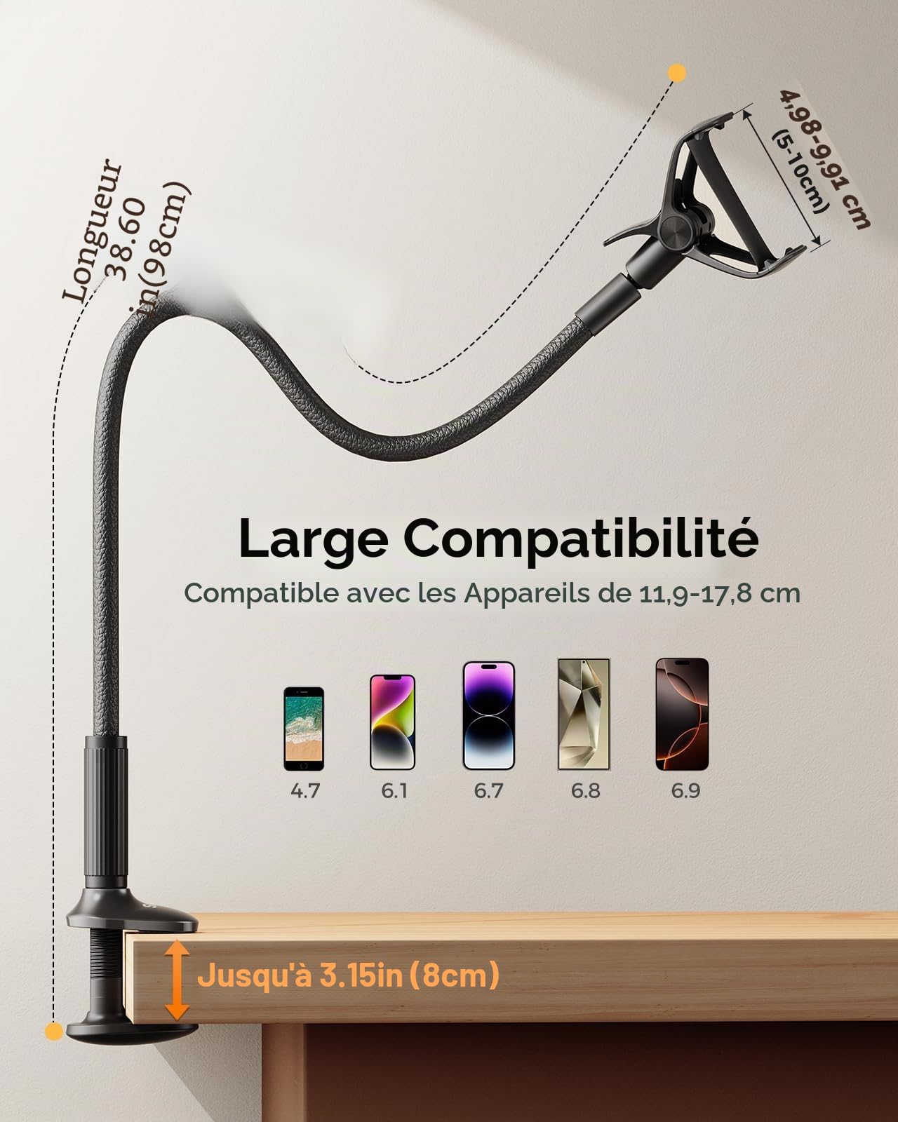 SAIJI Support téléphone avec col de Cygne de, 95cm Support téléphone de Chevet Étui en Cuir amélioré Stable et Durable, Rotation 360° Réglable pour iPhone, Huawei, Switch, Samsung (Noir)