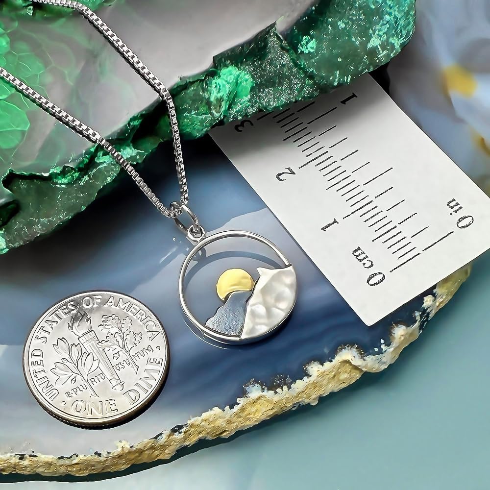 Sterling Silver Mountain Range and Bronze Sun Necklace, Mountain Necklace for Women, Travel Necklace, Outdoors Necklace