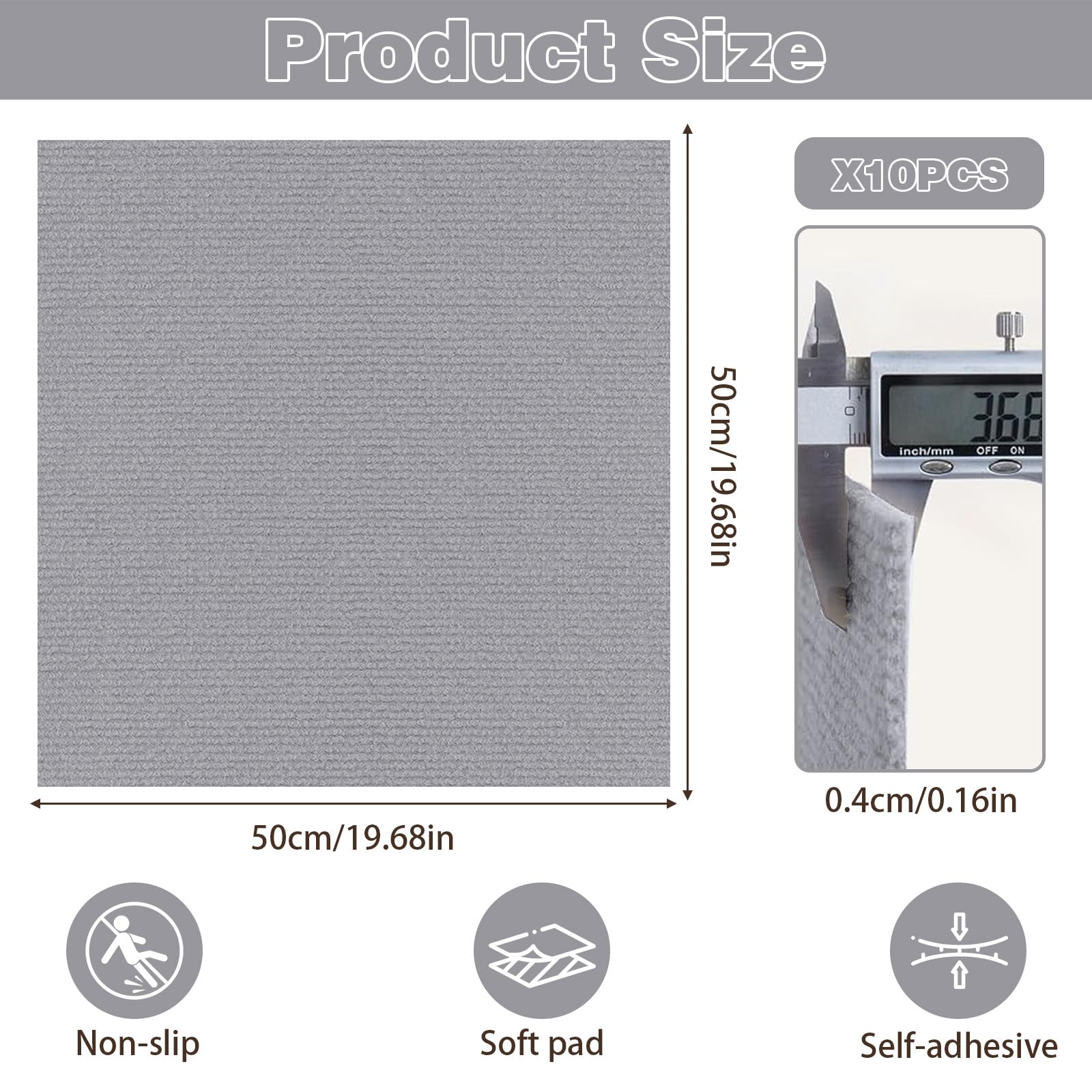 Teppichfliesen 50x50cm Teppichfliesen Selbstklebend - 10 Stück Set - 2.5m² - Teppichboden, Teppich Fliesen mit Rückendeckung, Strapazierfähiger Teppich Bodenbelag für Wohnung,Büro,Gewerbe, Hellgrau
