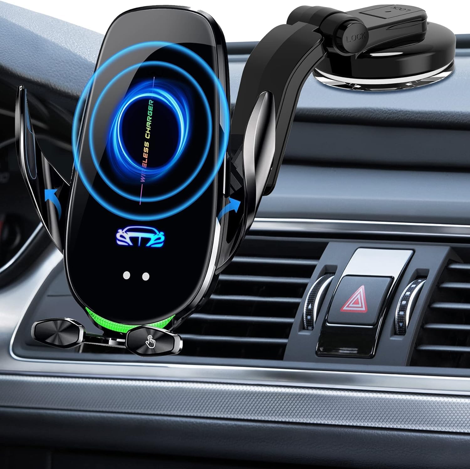 スマホホルダー 車 ワイヤレス充電 15W急速ワイヤレス充電器 スマートフォン用車載ホルダー 2in1 粘着ゲル吸盤＆エアコン吹き出し口式兼用 安定性 360度回転 ワンタッチ カー用品 携帯ホルダー 4-7インチ全機種対応車載ホルダー (Black)