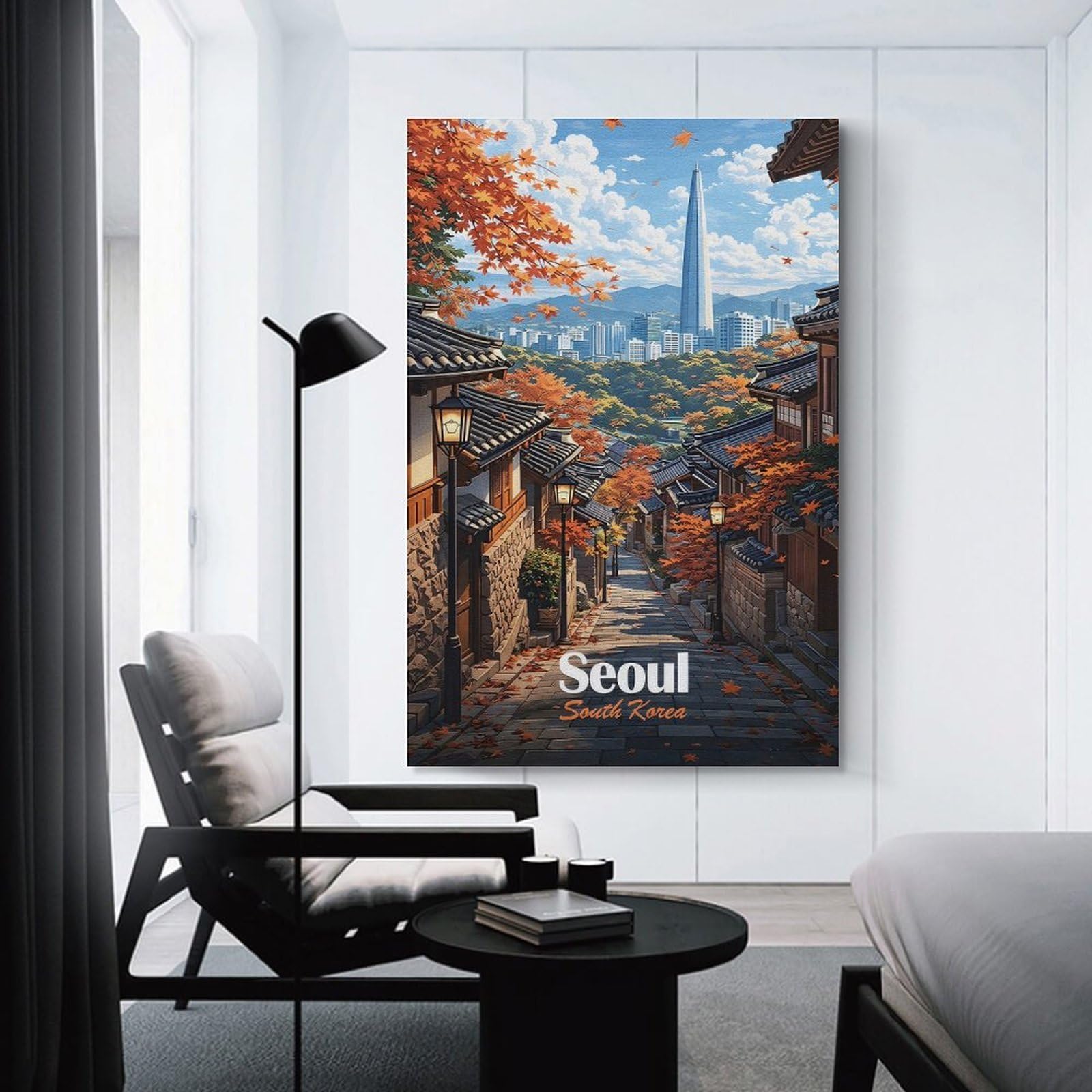 Junmoney Seoul Autumn Street Scene Decorative Wall Artwork 20x30inch(50x75cm), for Front Hall, Corridor Or Welcome Spaces, Decorative Wall Art for Narrow Spaces