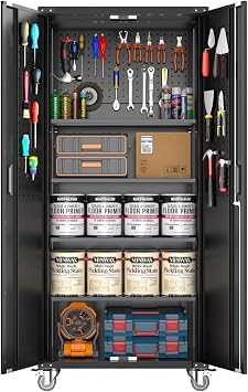 Metal Garage Storage Cabinet with Doors and Wheels, 72" High Lockable Storage Cabinet with 4 Adjustable Shelves and Pegboard, for Garage Workshop Home Office