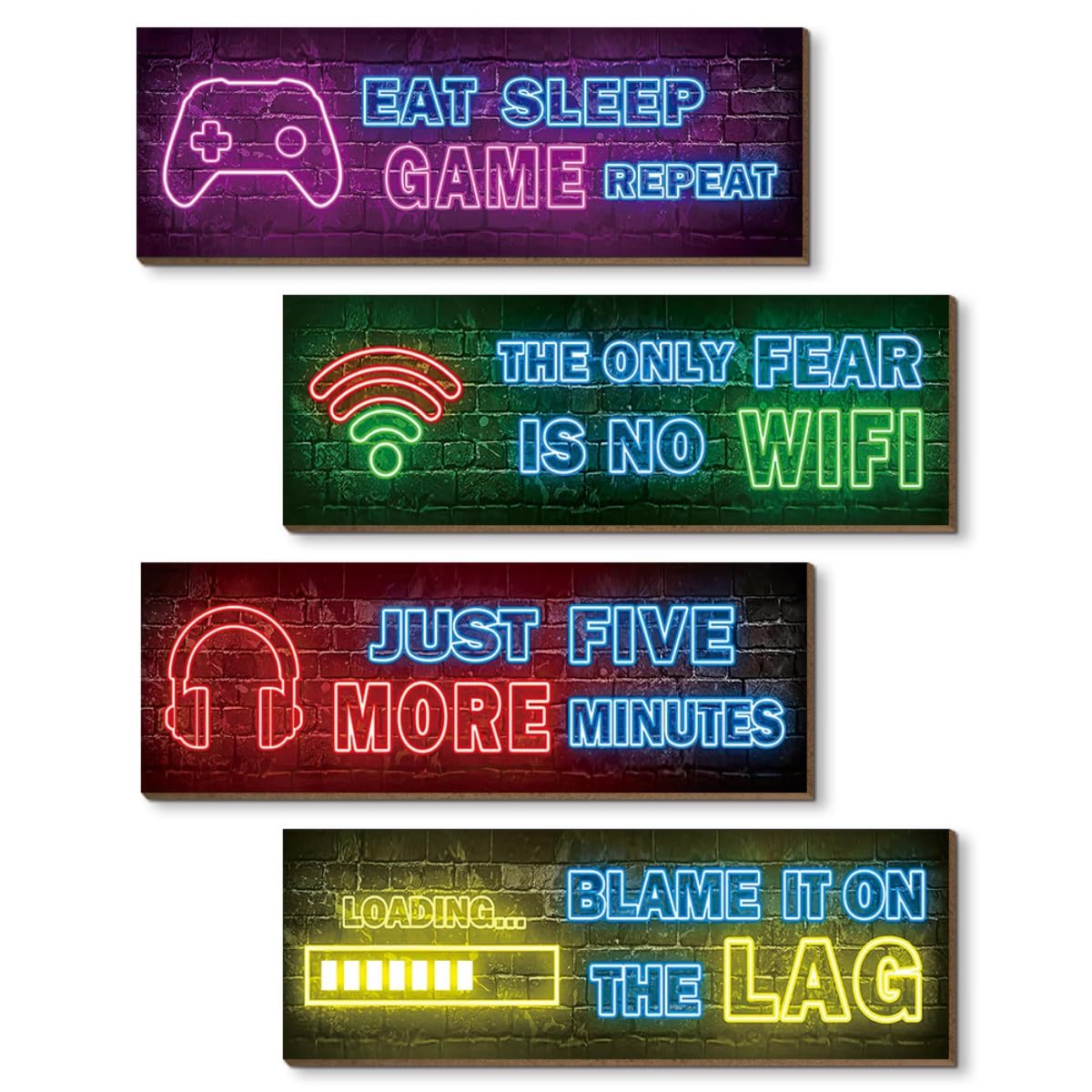 4 Pieces Neon Gaming Wood Sign Wall Decor, Video Game Wall Art Gamer Hanging Plaques For Playroom, Boys, Teenagers, Kids Bedroom Decorations (Neon B)