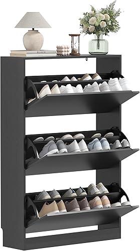 Miniatura 8 de Armario de almacenamiento de zapatos con 3 cajones abatibles, armario delgado de madera oculto para zapatos, organizador de zapatos estrecho Negro