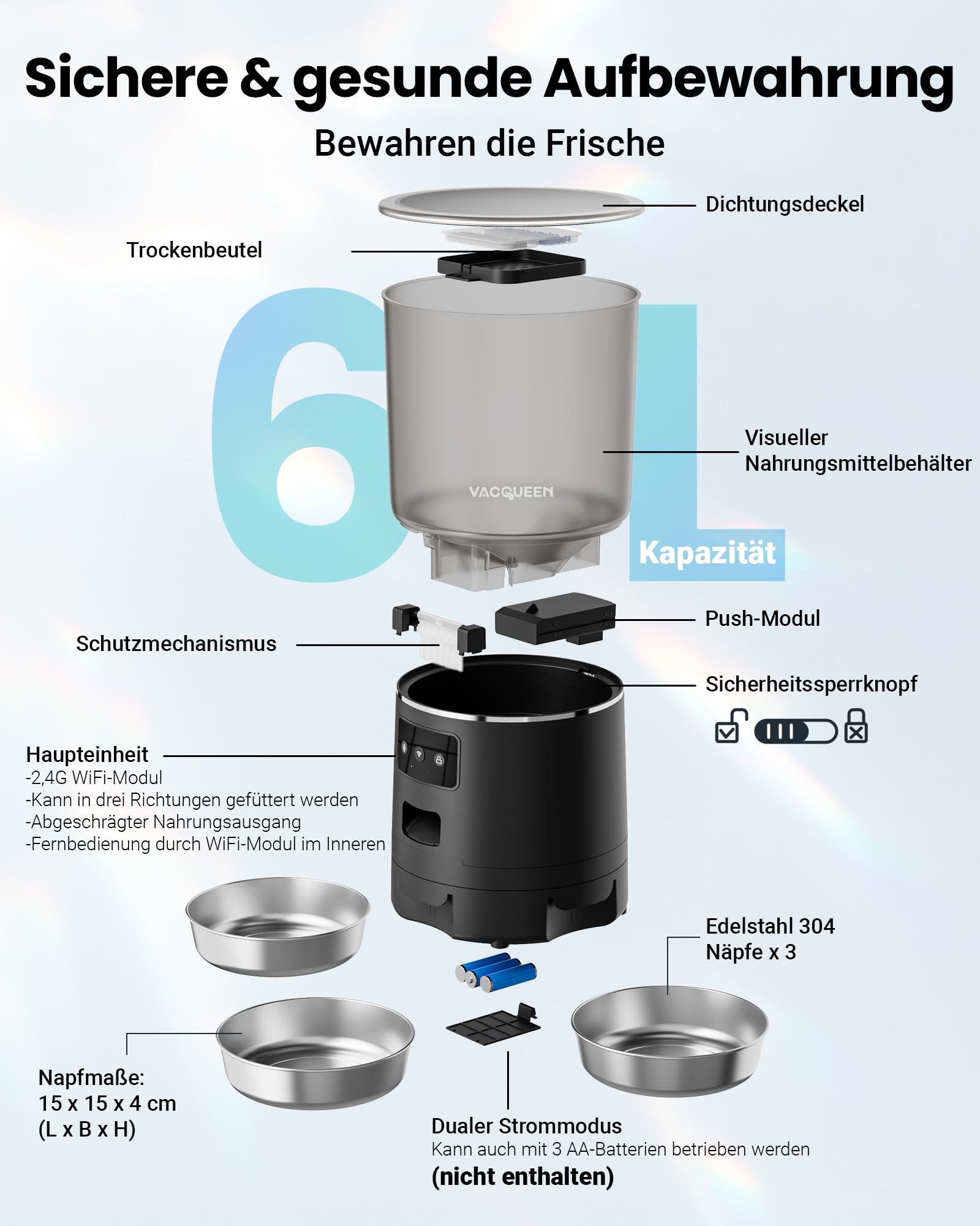 Comedero automático para gatos con aplicación, 6 L/25 tazas de comida para gatos, 3 cuencos, 3 paquetes de desecante, sistema antiobstrucción, grabación de voz 10S, 2,4 G WiFi, comida seca automática