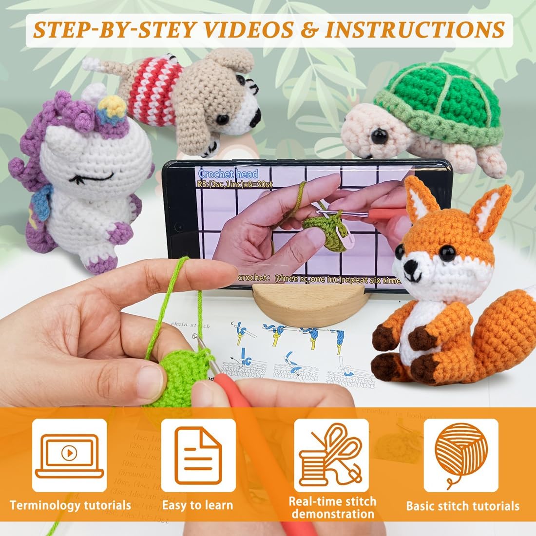 Kit de ganchillo para principiantes, kit de 6 piezas de animales de ganchillo, kit para principiantes con videos paso a paso, hilo, gancho de ganchillo, gran regalo de cumpleaños y vacaciones (kit de