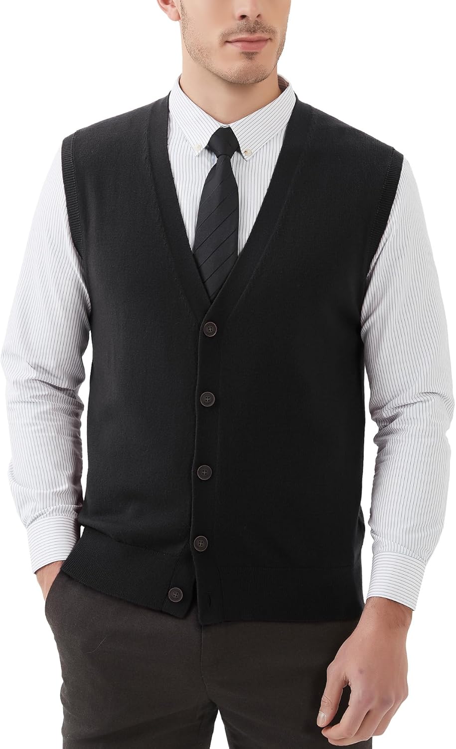 Kallspin Men's Sweater Vest Wool Blend V-Neck Button Sleeveless Cardigan Vest Sweater