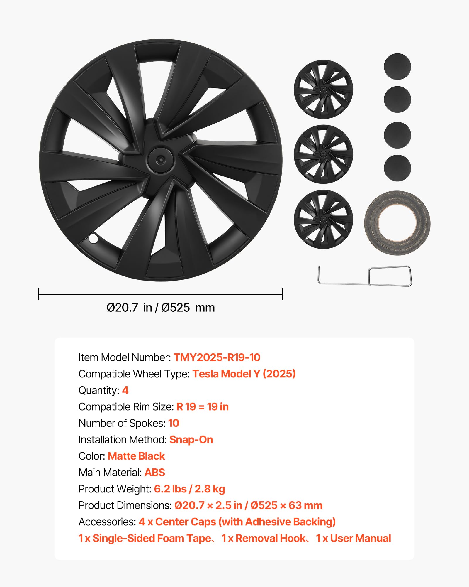 VEVOR Enjoliveurs Auto Compatible avec Tesla Model Y 2025, Cap de Roue 4 Pièces, Remplacement pour Jante R19 de 48,3 cm Protection des Roues, 10 Rayons, en ABS, Fixation par Clipsage, Noir Mat