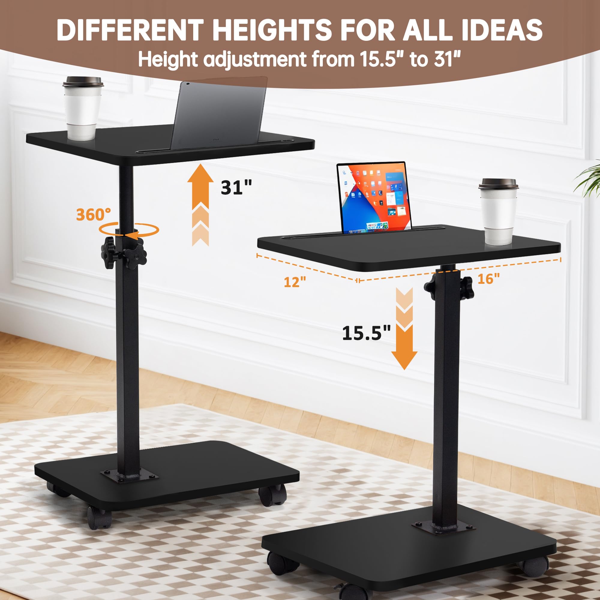 Mesa auxiliar en forma de C con ruedas, mesa auxiliar giratoria de 360° de altura ajustable, bandeja de TV, mesa de sala de estar, dormitorio, bandeja de brazo para cama, silla con ranura