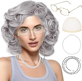 5 Pcs Old Lady Wig and Accessories,Grey Grandma Wigs,Old Lady Wig Costume Set for Halloween Party,Old Woman Cosplay - Buy now