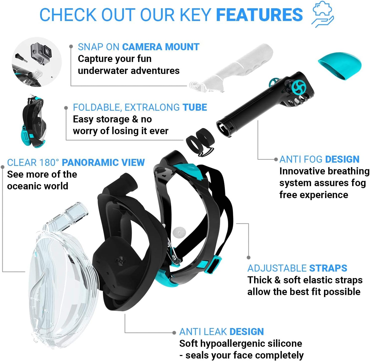 COZIA DESIGN Snorkel Set Adult - Full Face Snorkel Mask and Adjustable Swim Fins, 180° Panoramic View Scuba Mask, Anti Fog and Anti Leak Snorkeling Gear : Sports & Outdoors