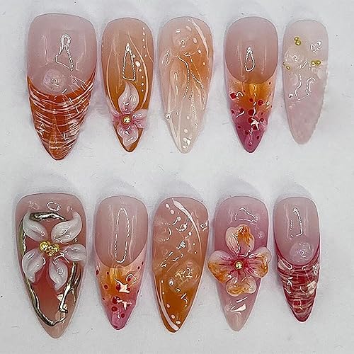 30Pcs Medium Almond Press on Nails French Tip Fake Nails with 3D Flowers Rhinestone Design Glossy Pink Yellow Gradient False Nails Handmade Acrylic Nails Spring Summer Stick on Nails for Women Girls - 3D Pink Flower-7