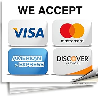Credit Card Sticker Signs Stickers - 4 Pack 7-x 6- Inch - We Accept Visa, MasterCard, Amex & Discover, Premium Self-Adhesive Vinyl, Laminated, UV, Weather, Scratch, Water and Fade Resistance