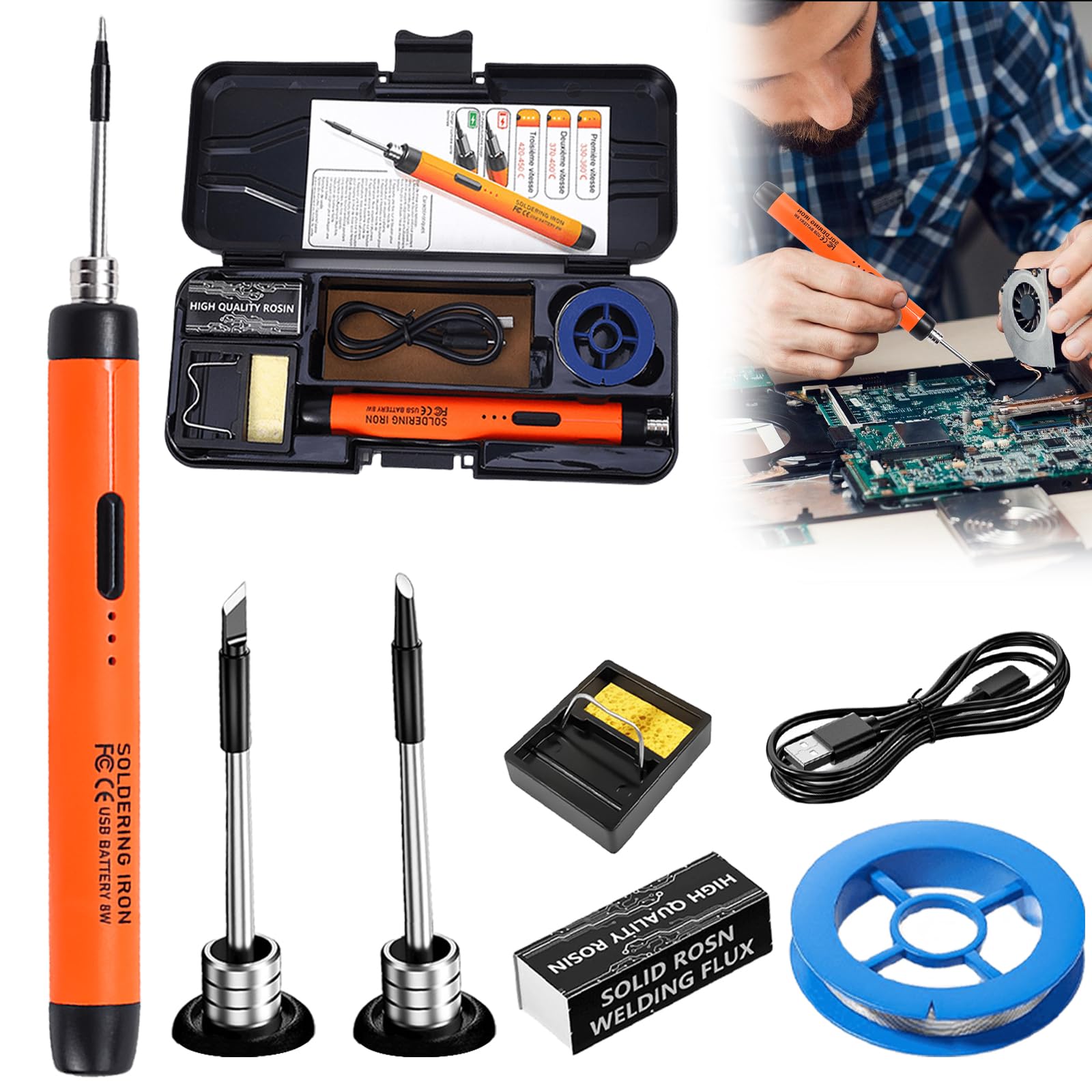 Saldatore A Batteria Ricaricabile USB Con Display LED - Temperatura Regolabile 260-420°C - Kit Completo Con Punte, Stagno, Pasta E Pinza - Per Riparazioni Elettroniche E Fai Da Te - 5