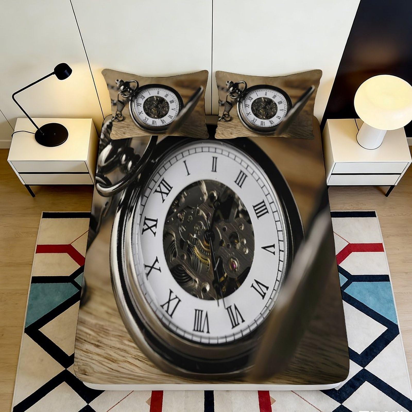 3D Printed Pocket Watch Owl Fitted Sheet Microfiber Deep Pocket Non-Slip Pocket Watch Owl Mattress Fitted Cover for Bedroom 200x200x25cm