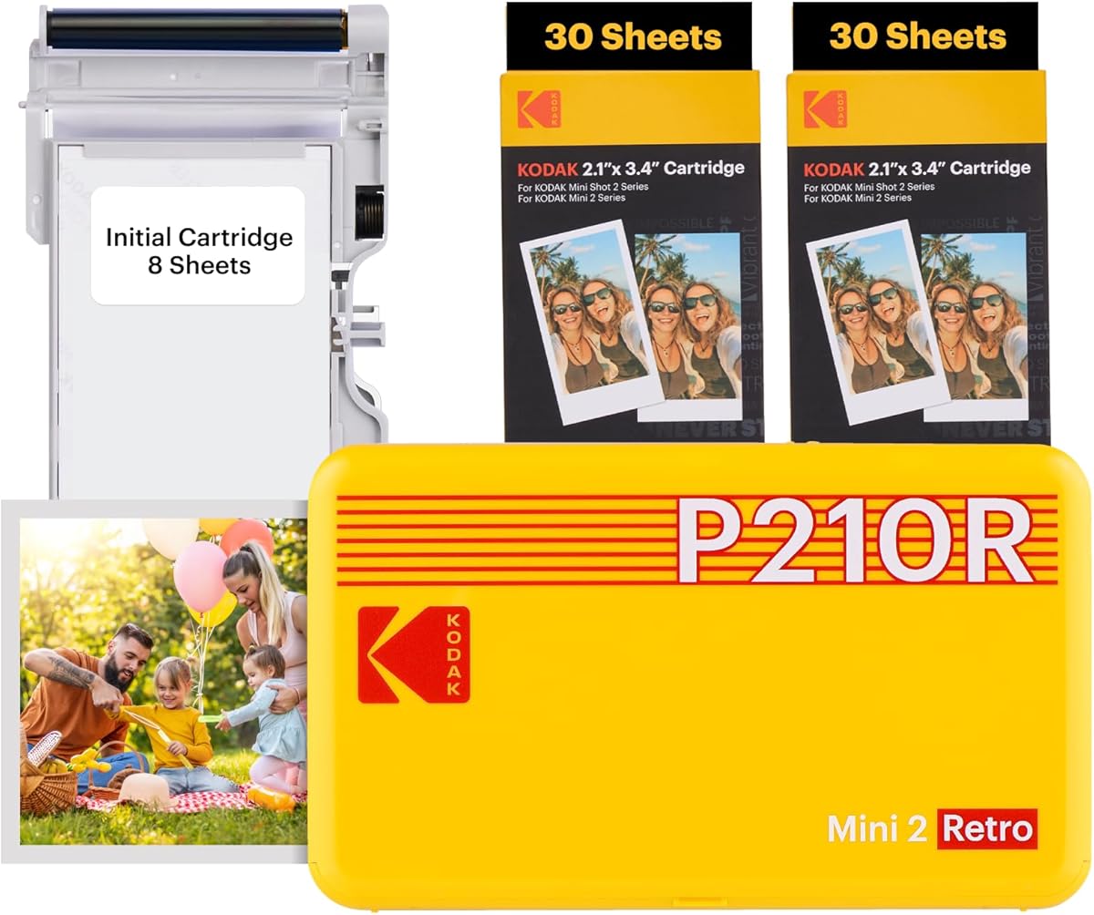 KODAK Mini 2 Retro 4PASS Portable Photo Printer (2.1x3.4 inches) Initial 8 Sheets + 60 Sheets Bundle, Yellow
