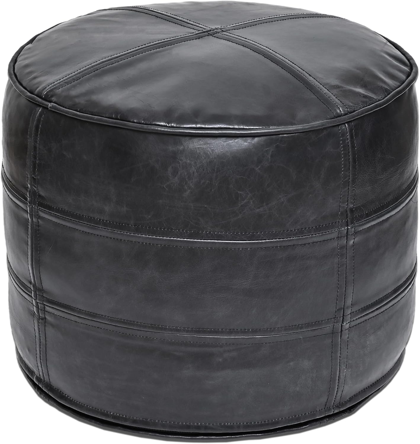 Nova Geniune Leather Pouf – Distressed Black, 18"x18"x14"