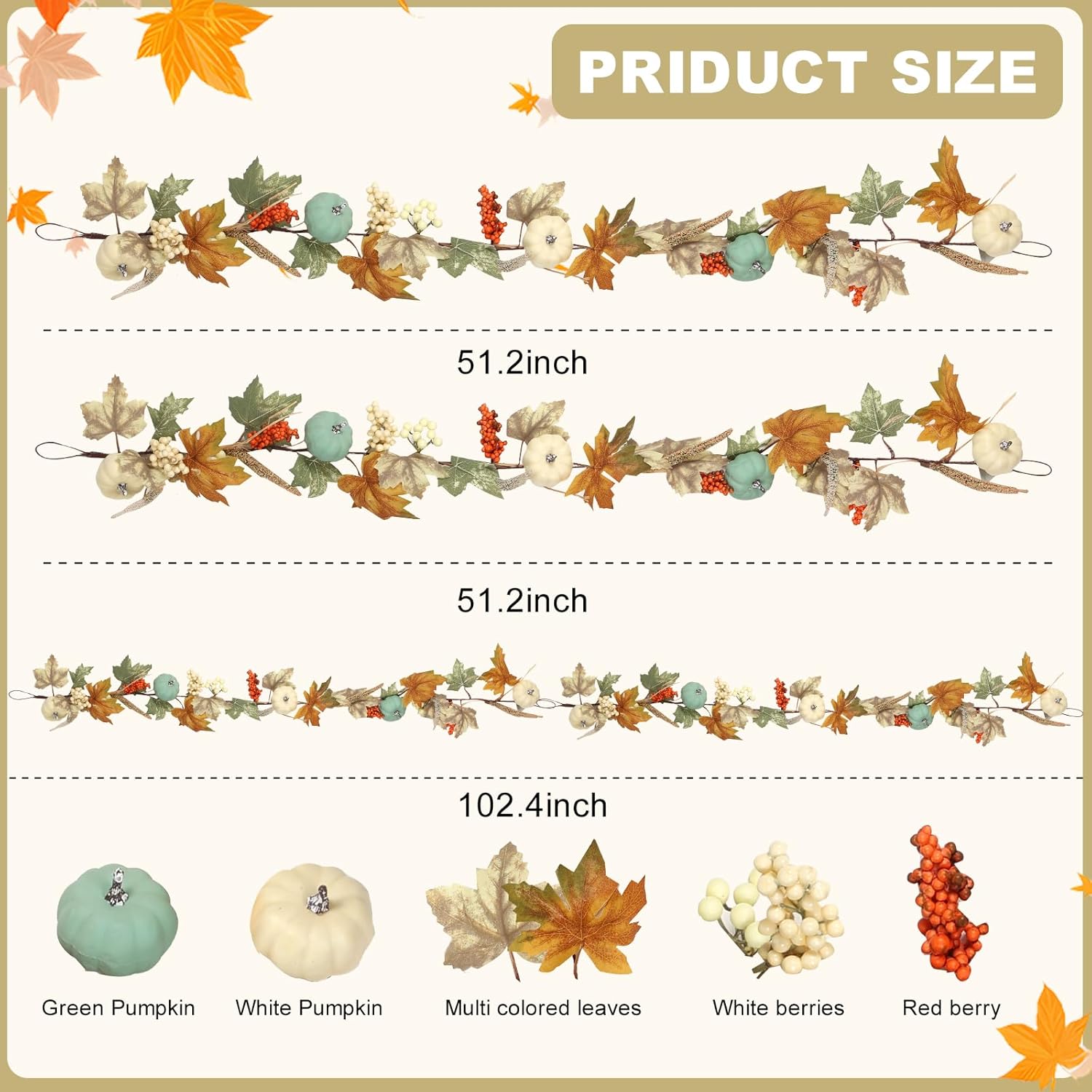 2PCS Fall Garland for Mantle, 5 ft, Artificial Autumn Leaves with White and Blue Pumpkins, Orange Berries, Farmhouse Fall Decorations for Fireplace, Front Door, Wall, Wedding, Thanksgiving