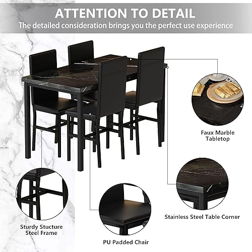 Miniatura 7 de Hooseng Juego de 4 mesas de comedor para 4, juego de 4 mesas y sillas de cocina modernas, juego de mesa de comedor de mármol sintético con 4 sillas