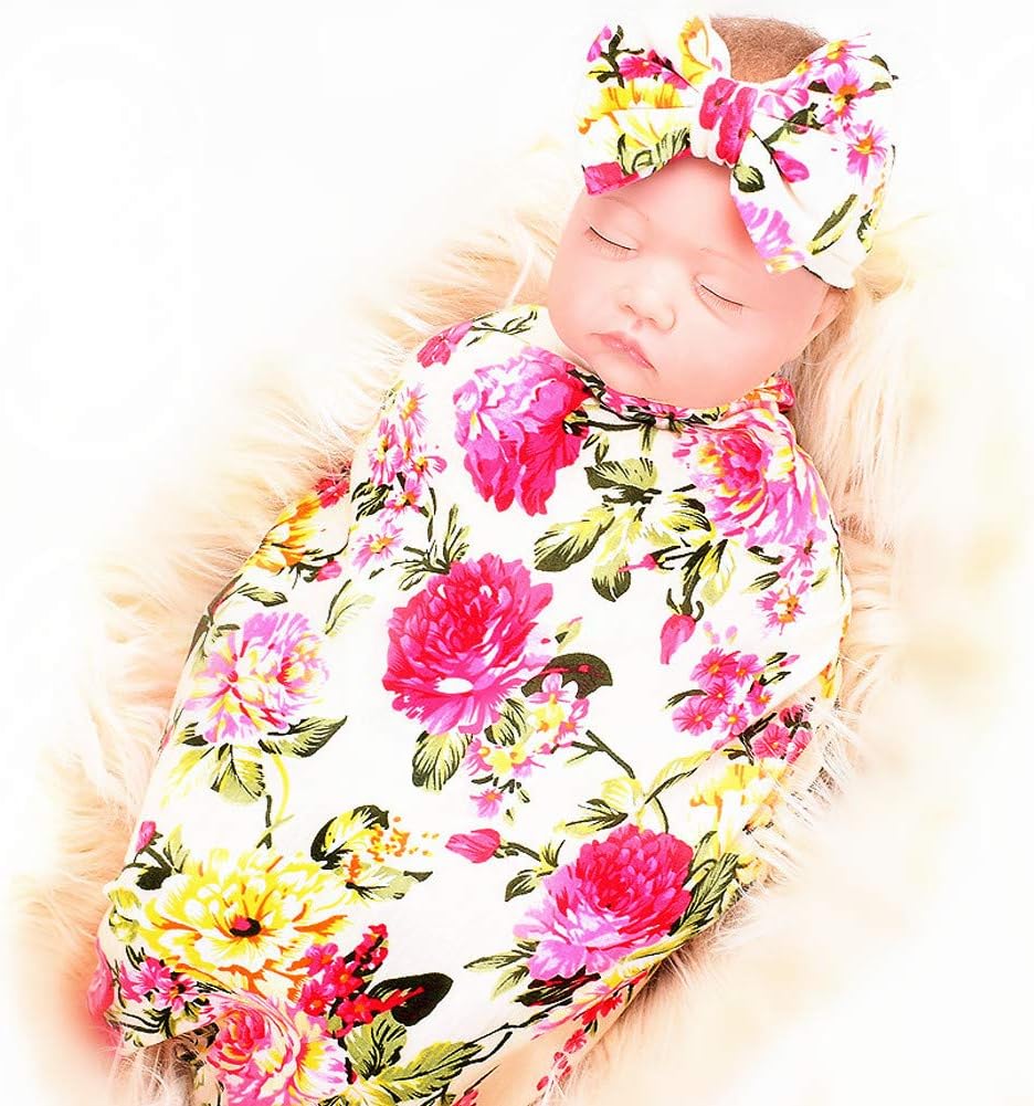 3 Sets Nerborn Receiving Blanket and Headband Set Flower Print Baby Swaddle Wrap Floral Baby Blankets for Girls and Boys.