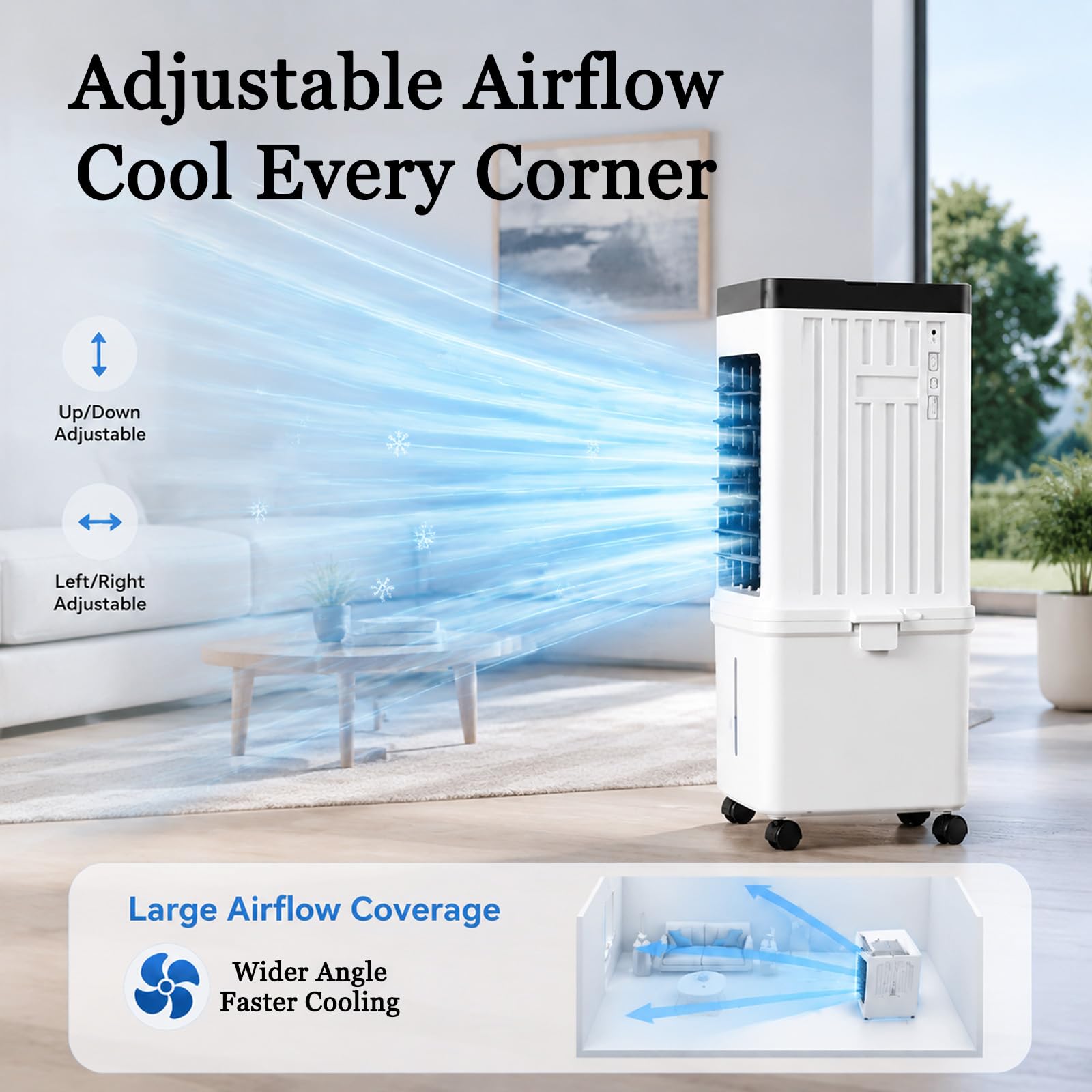 Condizionatore Portatile,Ventilatore a Freddo con Telecomando | 15L Raffrescatore d'aria, 90° Oscillazione, Telecomando, Timer 1-7,5 ore, Silenzioso per Casa Ufficio,Letto e Garage