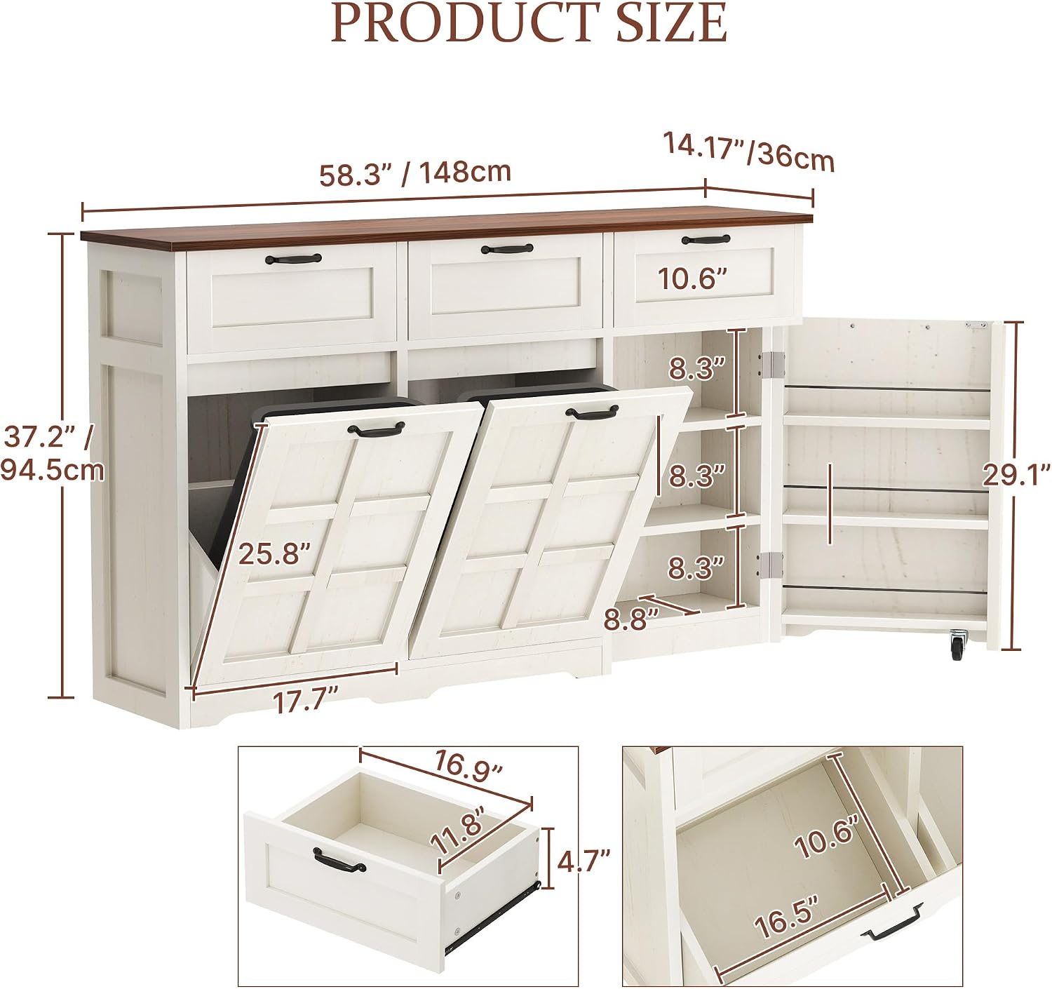 YITAHOME Farmhouse Kitchen Island, Tilt Out Trash Can Cabinet, 58.3" Kitchen Storage Island with 3 Drawers, 2 Tilt-Out Bins Compartment for 10 Gallon Trash Cans, Adjustable Shelf & Metal Handle